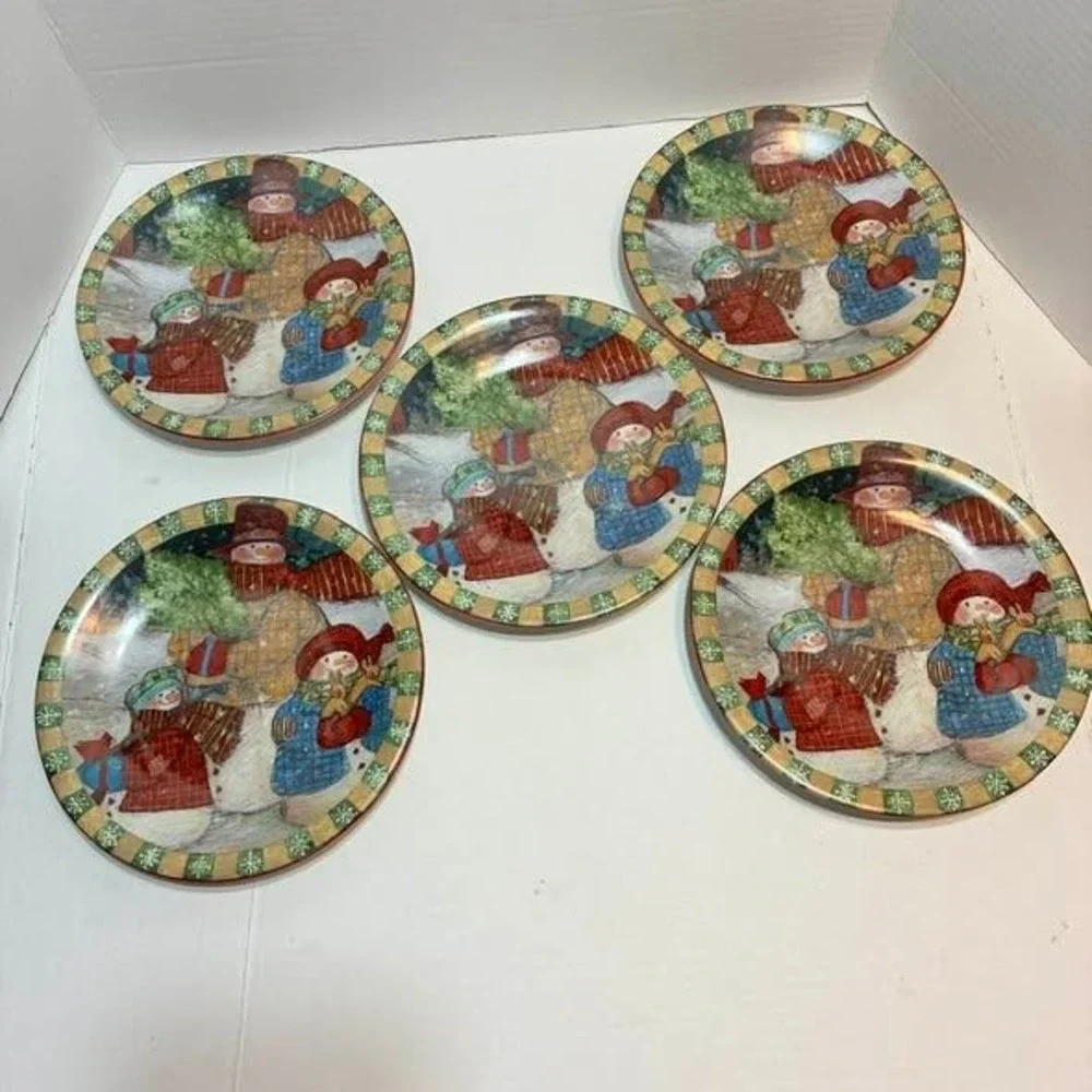 Susan Winget Plates Snowman Multicolor Set of 5 8in Christmas Folk Art Whimsical